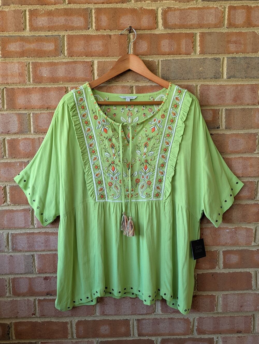 John Mark Lime Green Embroidered Short Sleeve Boho Top New Size XL Kimono